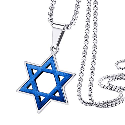 555Jewelry Stainless Steel Star of David Necklace for Men Box Chain Star Of David Necklace for Women Small Jewish Star Necklace Mens Jewish Star Necklace 24 Inch Silver & Blue