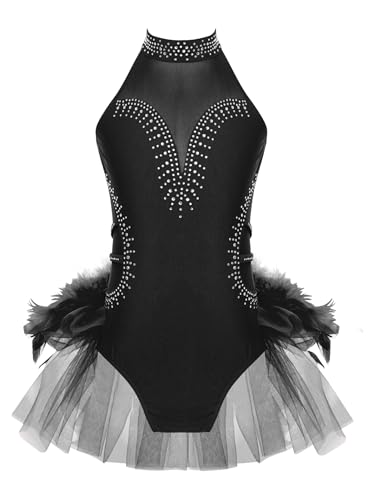 Manyakai Vestido Brillante de Danza Ballet Maillot con Tutú Niña Detalles con Plumas Leotardo Gimnasia Disfraz de Bailarina Negro 13-14 años
