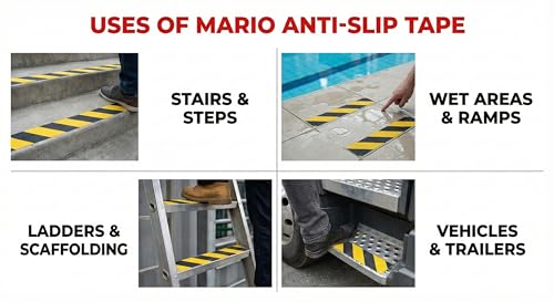 Image of Mario Anti-Skid Anti-Slip Tape Black & Yellow Zebra | 50mm (2 Inch) x 5M Safety Grip Tape for Stairs, Ramps & Flooring | High-Traction Non-Slip Adhesive Tape
