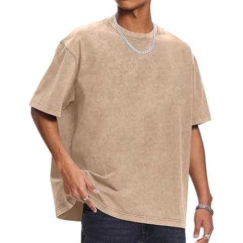 Men's Fashion Loose Fit Cotton T-Shirts Short Sleeve Crewneck Lightweight Casual Baggy Tee Vintage Washed Streetwear Shirts Khaki Cover