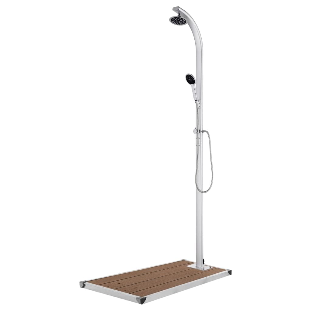 Ducha de jardín de aluminio de 220 cm con placa de base WPC marrón, ducha de cabeza y ducha de mano con manguera flexible de 1,5 m, soporte de ducha de mano y estante para toallas, resistente