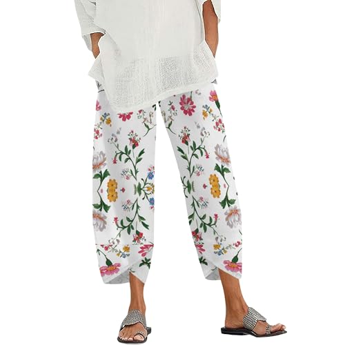 Womens Cotton Linen Floral Pants Lavender Print Wide Leg Loose Fit Elastic Waist Summer Breathable Loungewear