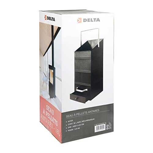 RUECAB - Seau à granulés, Seau à pellets 18 litres avec tiroir - Modèle Antares - Tamis et tiroir récupérateur de poussières - Contenance: 18L - Dimensions: H58xL22cm - Matière: Acier Noir