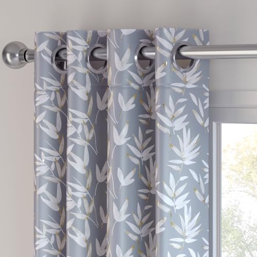 Image of HOKIPO Luxe Foliage Foil Printed Curtains 7 Feet Long Set of 2, Steel Grey