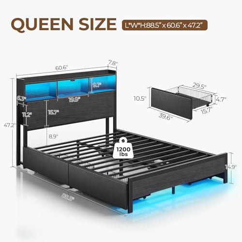 Image of Rolanstar Queen Bed Frame with Storage Headboard & 4 Drawers, Metal Platform Bed with Charging Station, LED Single Bed with Side Shelf, No Box Spring Needed, Easy Assembly, Black
