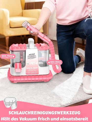 Polsterreiniger Gerät, 600W Nasssauger, 16Kpa mit 500ml Reinigungslösung & 5 Zubehörteilen, Polstermöbel, Fleckenreiniger für Teppiche, Sofas, Treppen, Autos, leichtes und kompaktes Design, Rosa