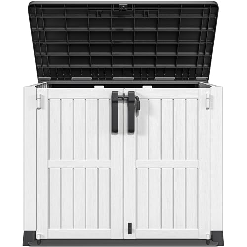 DWVO 36 cu ft Tool Storage Shed, Storage for Bakcyard, Patio, and Garden, Resin Plastic Shed with Sloped Lid, Lockable Door, and Wood Grain Finish, Light Gray