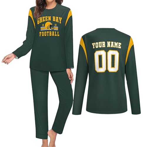 Womens 2 Piece Pajamas Sets Custom Name Number Long Sleeve Top Sleepwear Lounge Set with Pockets