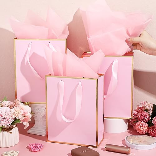 Image of Yeaqee 24 Pack Metallic Paper Gift Bag with Tissue, Pink Gold | with Satin Ribbon Handle and Tissue, 9x7x3.1 Inch, Suit Business, Birthday, Christmas, Thank You Return Gifts Bags