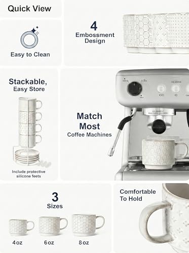 LE TAUCI Stackable Cappuccino Cups with Saucers and Stand, 8 oz Large Ceramic Coffee Cup Set for Café Au Lait, Latte, Tea Cup and Saucer Set of 4, Microwave & Oven Safe, Embossed, White