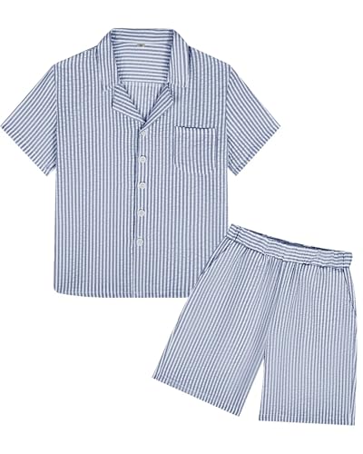 Image of Boys Summer Textured Outfit Beach Short Sleeve Button Down Shirts and Shorts 2 Piece Vacation Clothing Set for Kids