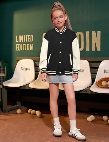 Girls Varsity Bomber Jacket Casual Button Lightweight Sweatshirt Baseball Color Block Jacket Outwear With Pockets2