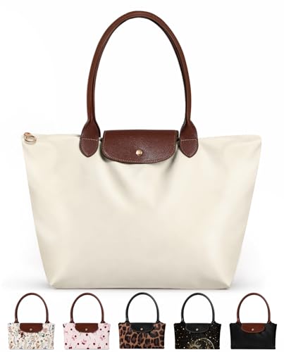 Miss Adola Nylon Tote Bag for Women - Lightweight Foldable Tote Bag with Large Capacity for Laptop Waterproof Bag for Travel Work Teacher Beige