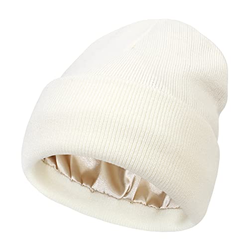 Baby Satin Lined Knit Beanie Hat Acrylic Winter Hats for Infant Toddler Silk Lining Soft Slouchy Warm Beanie Hat Girls Boys