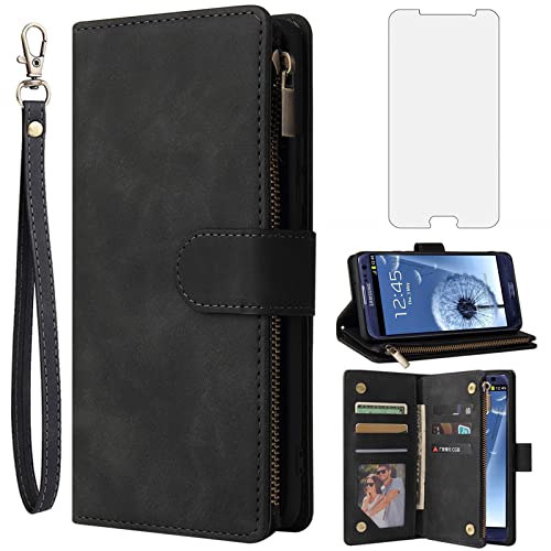 Asuwish Funda tipo cartera compatible con Samsung Galaxy S3, protector de pantalla de vidrio templado y cubierta de cuero con tarjetero y soporte para teléfono celular para Gaxaly SIII Neo Galaxies S