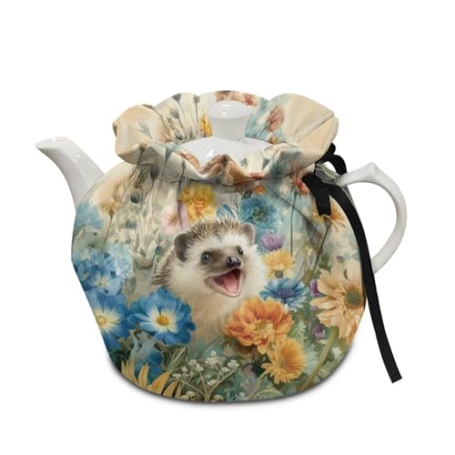Image of Tea Cosy for Teapot Insulated Hedgehog Flower Print Tea Pot Cozy Cover Portable Insulated Teapot Dust Cover with Drawstring, Brown