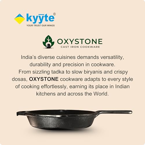 Image of kyyte OxyStone Pre-Seasoned Cast Iron Frying Pan 10 Inch (26 cm) Dia,Pasta,Saute Pan,Shallow Frying,Naturally Nonstick Cast Iron,100% Pure and Toxin-Free,No Chemical Coating,Gas,Induction,OTG Friendly