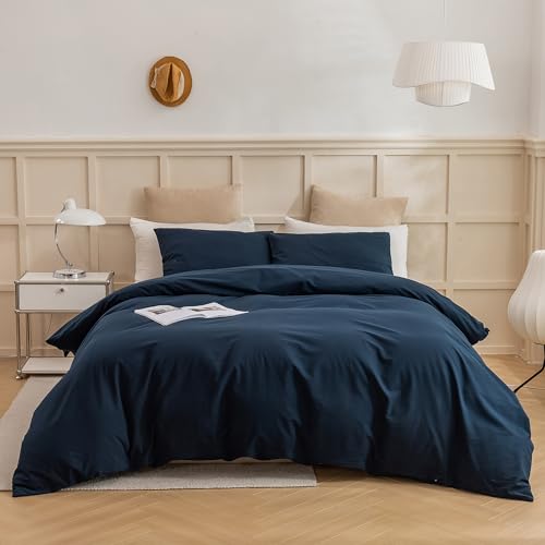ECOCOTT Navy Blue Duvet Cover Queen Size, 100% Washed Cotton 3 Piece Bedding Set 1 Duvet Cover with...