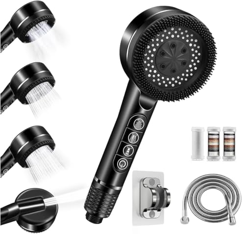 Ducha de alta presión con filtro,Incluye manguera de1,5metros y soporte,4 modos,Alcachofa de ducha economizadora con filtro y botón de OFF/ON,Ideal para Aguas Duras y Limpieza del Baño,Negro
