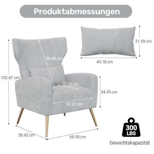 Hawthyhome 2er-Set Relaxsessel/Einzelsofa/Fernsehsessel/Ohrensessel mit Kopfkissen und Gold Metallfüßen aus Samt bis 130kg Schlafzimmer Wohnzimmer Gray
