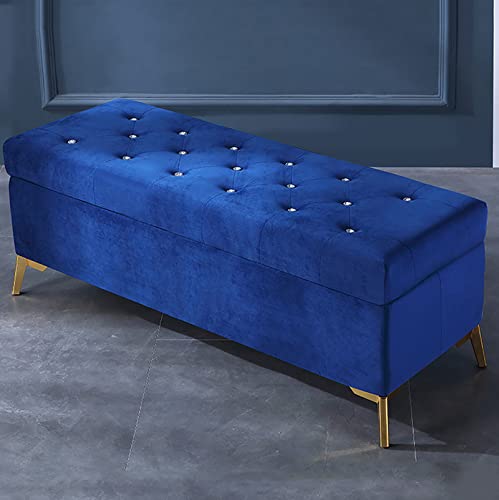 Rangement en Velours bleu marine, grand pouf coffre idéal pour optimiser l'entrée et le salon