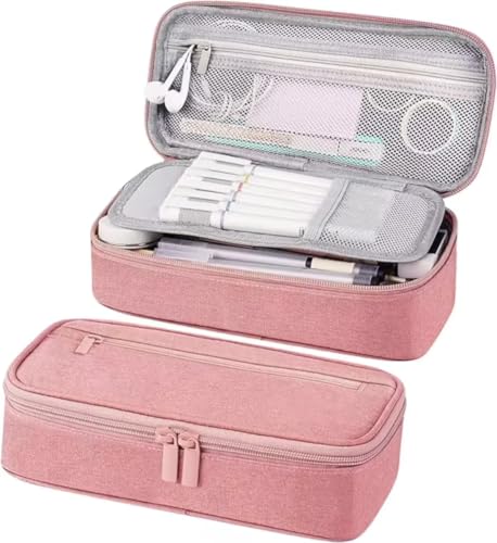 Estojo Multiuso com 2 Divisórias, Alça e Zíper Interno e Externo – Necessaire e Diversos (Rosa)