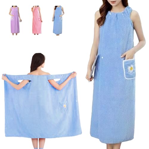 JYJLLM Womens Wearable Bath Towel， With pockets Bathrobe Bath Towel Wrap， Bathtub Shower Dress， Absorbent Bathing Skirt for Sauna Spa Shower，bath towels，Suitable for home, swimming, beach (blue)