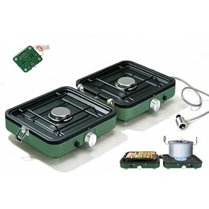 2025 Update Portable 2 Burner Propane Camping Stove with Barbecue Plate – 17200 BTU High Output, Two Adjustable Burners, Easy Carrying Handle & Inlet Gas Pipe (GREEN)