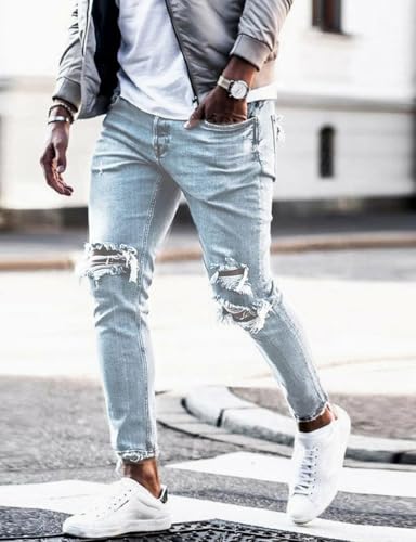 Kinghua Ripped Jeans Pants for Men Summer Slim Casual Skinny Tapered Distressed Lounge Trousers Denim Pants with Pockets2