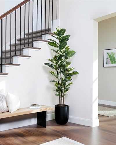 Artificial Rubber Tree Plant 6ft Tall Faux Ficus Tree Potted Fake Tropical Plants Decorative House Plants Large Floor Plants Artificial Trees for Home Office Store Room Decor