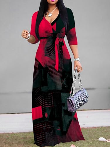Image of Womens Plus Size Maxi Dresses Casual 3 /4 Sleeve Sundress Fall Wedding Guest Dress with Belt