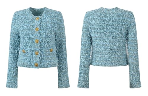 French Style Tweed Jacket for Women Elegant Short Blazer with Metal Buckle Long Sleeve Slim Cardigan Office Fashion Top2