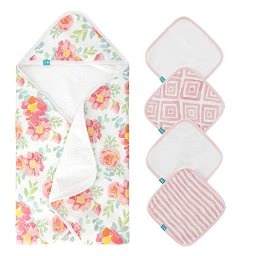 Image of Featherhead™ 5-Piece 100% Cotton Muslin Hooded Bath Towel & Washcloths Set for Baby Girl - Ultra Soft and Extra Absorbent - Newborn Essential & Perfect Baby Registry Gift (Garden Floral)