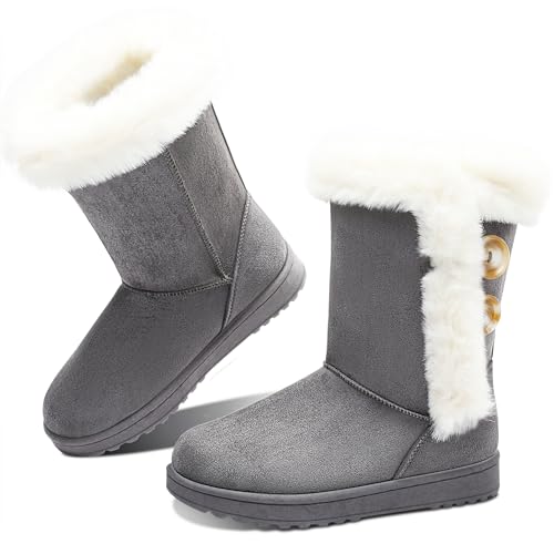 Obtaom Women’s winter snow boots Short Mid Calf fashion boot Art Resin button Faux Suede boots for women