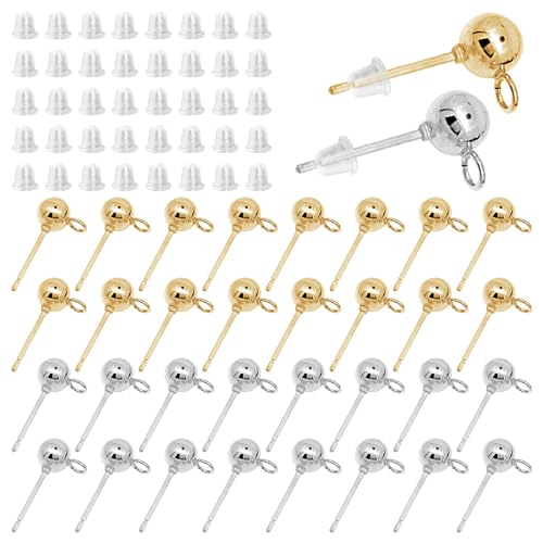120Pcs Hypoallergenic Ball Studs for Jewelry Making Round Ball Earring Posts Balls Post Earring Studs with Loop and 200Pcs Clear Earring Backs for DIY Jewelry Making(KC Gold and White K)