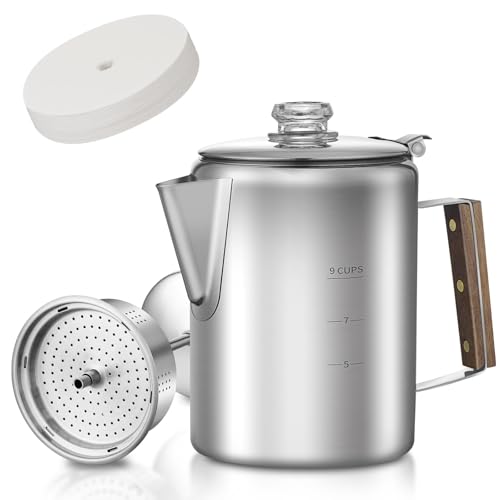 shoxil Percolatore per caffè con 100 filtri da caffè, 9 tazze, in acciaio inox resistente, caffettiera da campeggio, per preparare il caffè sul fuoco, griglia o piano cottura, ideale per casa