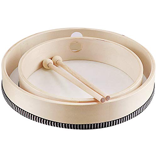 HiGift 2 Pack Hand Drums Kids Percussion Preschool Wood Frame Drum with Wooden Drum Beater-10 Inch & 8 Inch