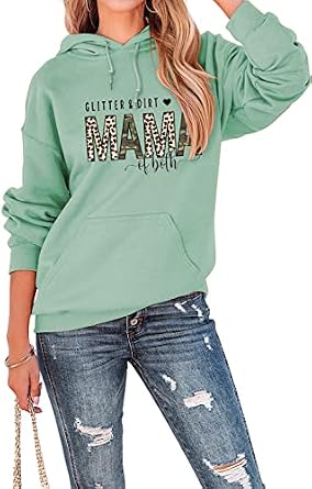 YourTees Glitter Dirt Mama Of Both Funny Mom Hoodies Vintage Leopard Bleached Graphic Sweatshirt Mama Pullover Tops