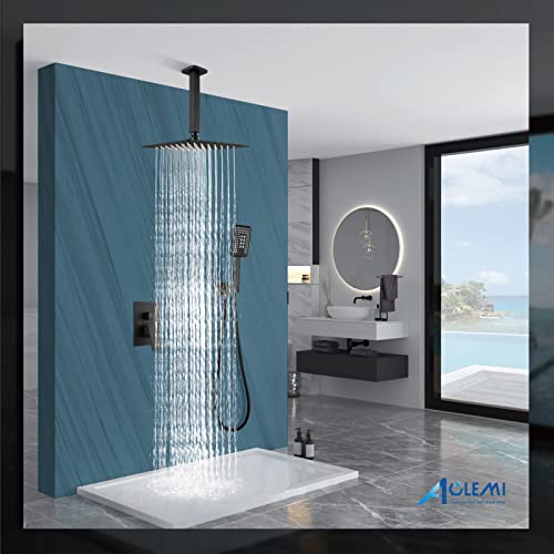 Système de douche plafond résistant au calcaire noir mat 12" avec douchette ABS - 5