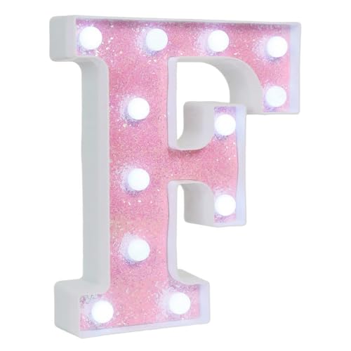Image of Pink Glitter Marquee Light Up Letters, Battery Operated LED Letter Lights Signs for Pink Birthday Party Table Decorations, Wall Decor for Girls Bedroom, Initial Letter F with Cool White Lights