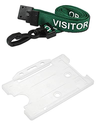 Identity-Plus: Green Pre-Printed Visitor Lanyard (Plastic J Clip, Safety Breakaway Point) with Clear Landscape ID Card Holder (50)