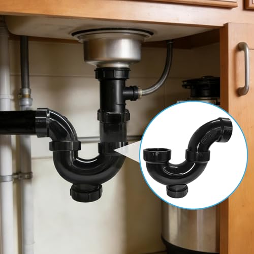 Image of Lesso 1-1 /2 Inch ABS P-Trap - HUB x HUB Connection with Union & Cleanout Plug, Black, Leak-Proof Sink Drain Trap for Kitchen /Bathroom Plumbing