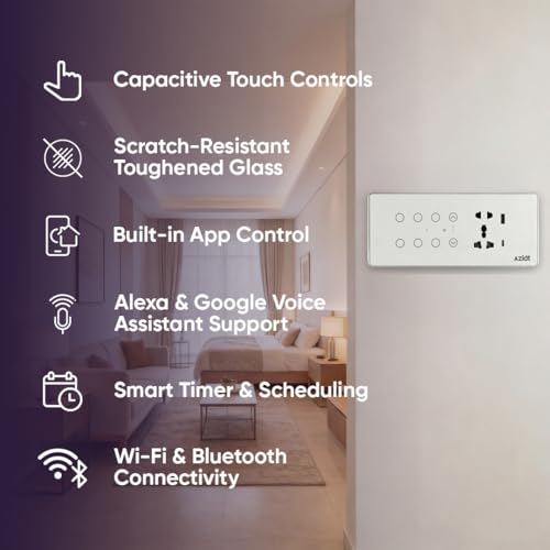 Image of AZIOT Smart Premium Toughened Glass Touch Switch Panel | Elevate 8 Module (6 Switch + Fan + Socket) | WiFi + BLE | No Hub Required | Compatible with Alexa, Google Assistant & Siri | White