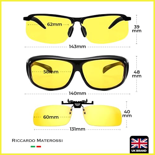 Riccardo Materossi 3 Pack Night Vision Glasses For Driving | Anti Glare | Unisex | UV400 | Premium Quality Frames & TAC Lenses | UK Based Brand