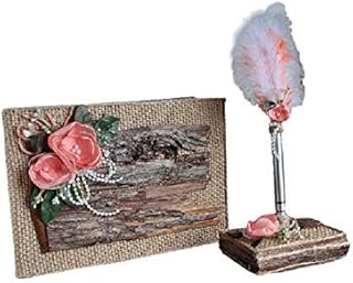 ''Handmade'' Rustic chic wooden guestbook with pen holder and stylo set, Burlap wedding guestbook, Coral wedding UNLINED guestbook, Farmhouse guestbook