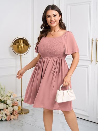 Image of SCOMCHIC Womens Plus Size Summer Dresses Casual Short Sleeve Smocked Square Neck Tie Waist Flowy A Line Mini Sun Dress