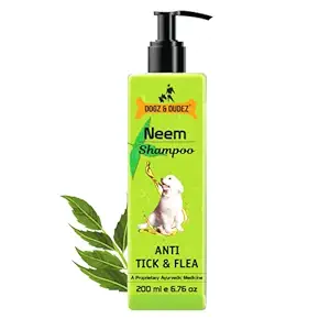 Dogz & Dudez Natural Neem Anti Tick and Flea Dog shampoo 200ml | For all Types of Dog & Cat shampoo | Anti-Itch. Ticks and Flea remover shampoo for dog with Neem and Lemongrass | Paraben Free, Ph Balanced, Cruelty Free & Vegan