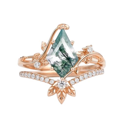 Personalized Moss Agate Ring for Women 925 Sterling Silver/10K/14K/18K Gold Moss Agate Moissanite Engagement Wedding Set Ring3