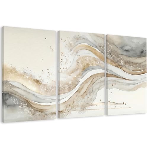 AVECCO Triptych Abstract Gold Grey Wave Wrapped Wall Art Canvas 24x36 Inch by AVECCO - Used condition - US$129.73