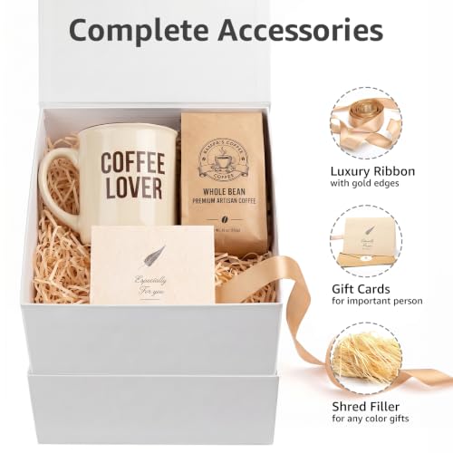 Image of LIFELUM Square Gift Box with Magnetic Lid, Card, Sticker, Ribbon, Shredded Paper Filler for Business, Wedding, Birthdays (White, square - 7 inch, 1 count (Pack of 1))